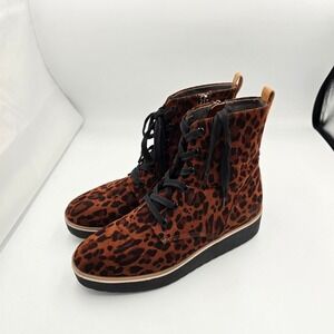 Dr Scholls Womens‎ Leopard Print Lace Up Ankle Boots Size 8M Side Zip Platform